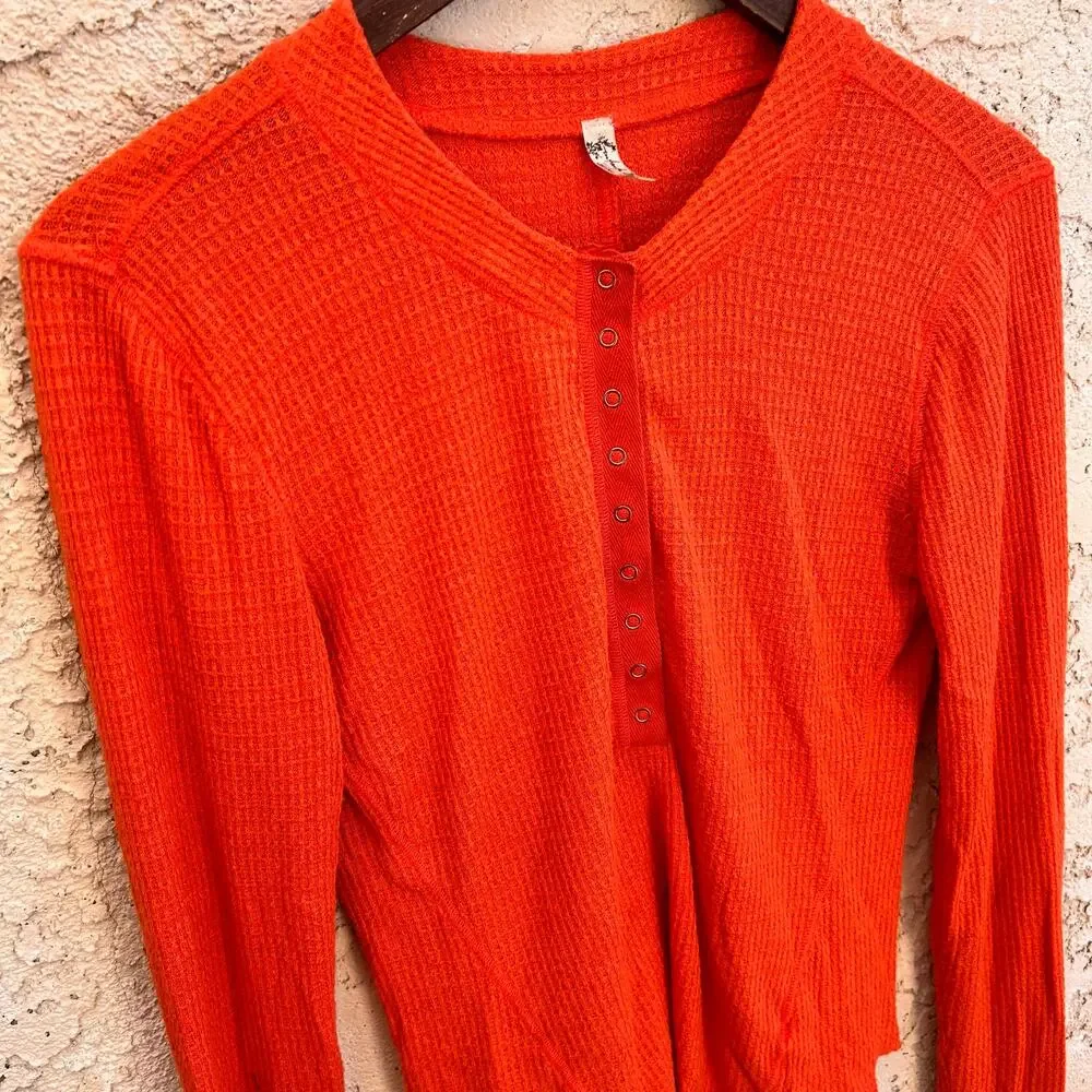 Free People Orange Waffle Knit Henley Top XS Boho Thermal Long Sleeve